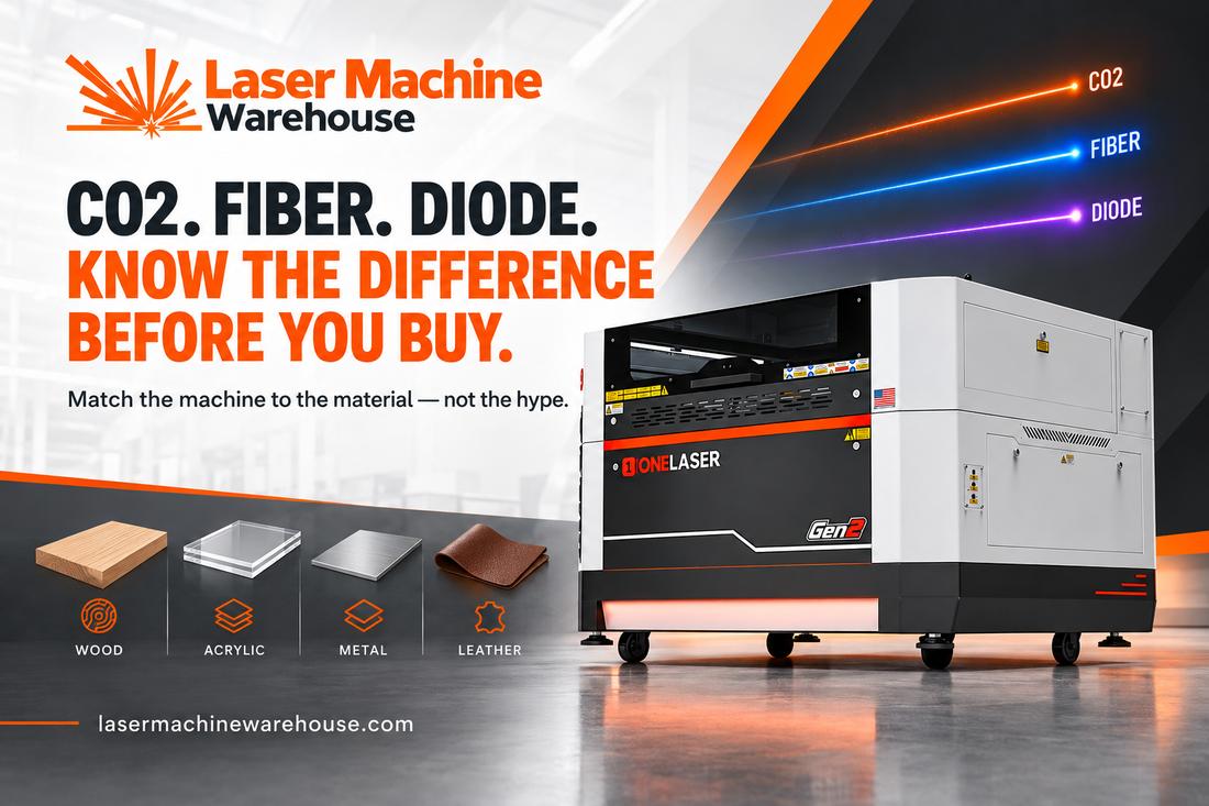 Laser Machine Warehouse banner comparing CO2, fiber, and diode lasers with a professional laser cutter and material examples.